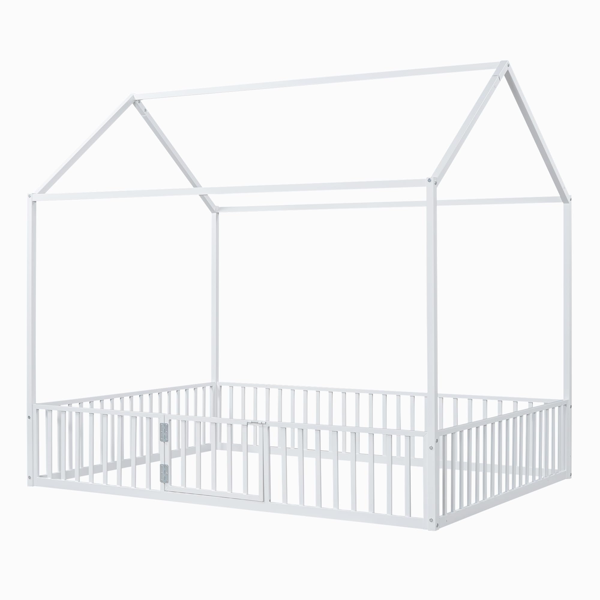 Full Size Floor Bed with Door and Fence, Metal Montessori Bed