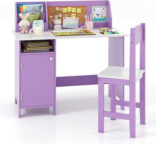 Kids Desk and Chair Set, Wooden Children Study Table with Storage