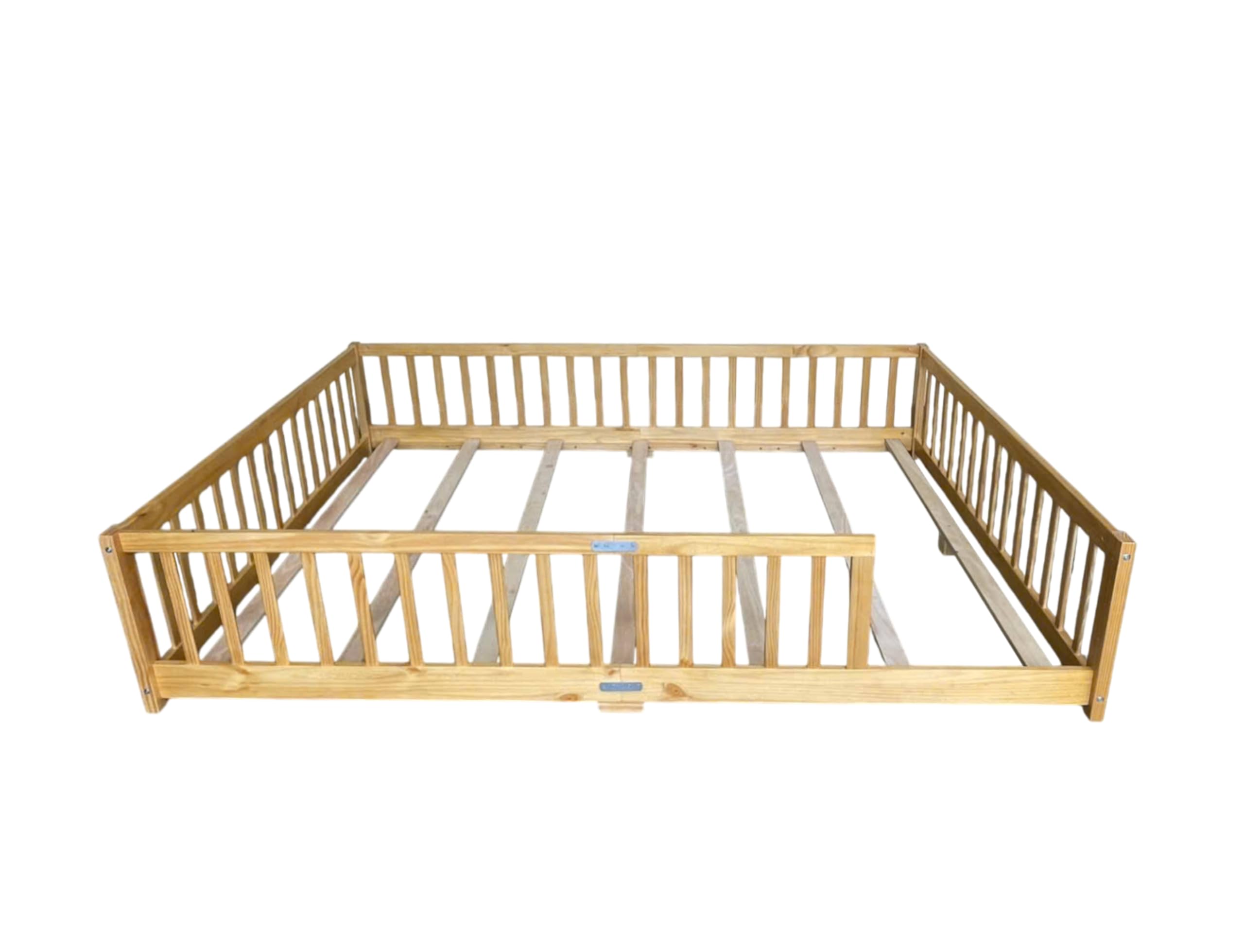 Queen Size Montessori Floor Bed with Guardrails and Wood Slats Support f