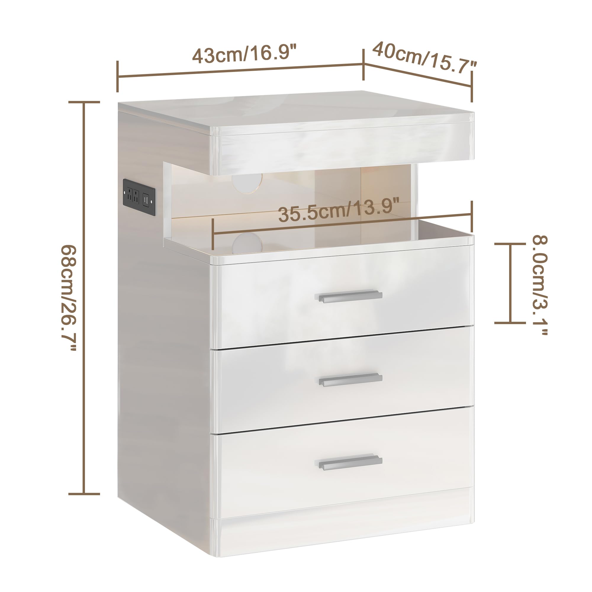 LED Nightstand with Charging Station and Hidden Storage
