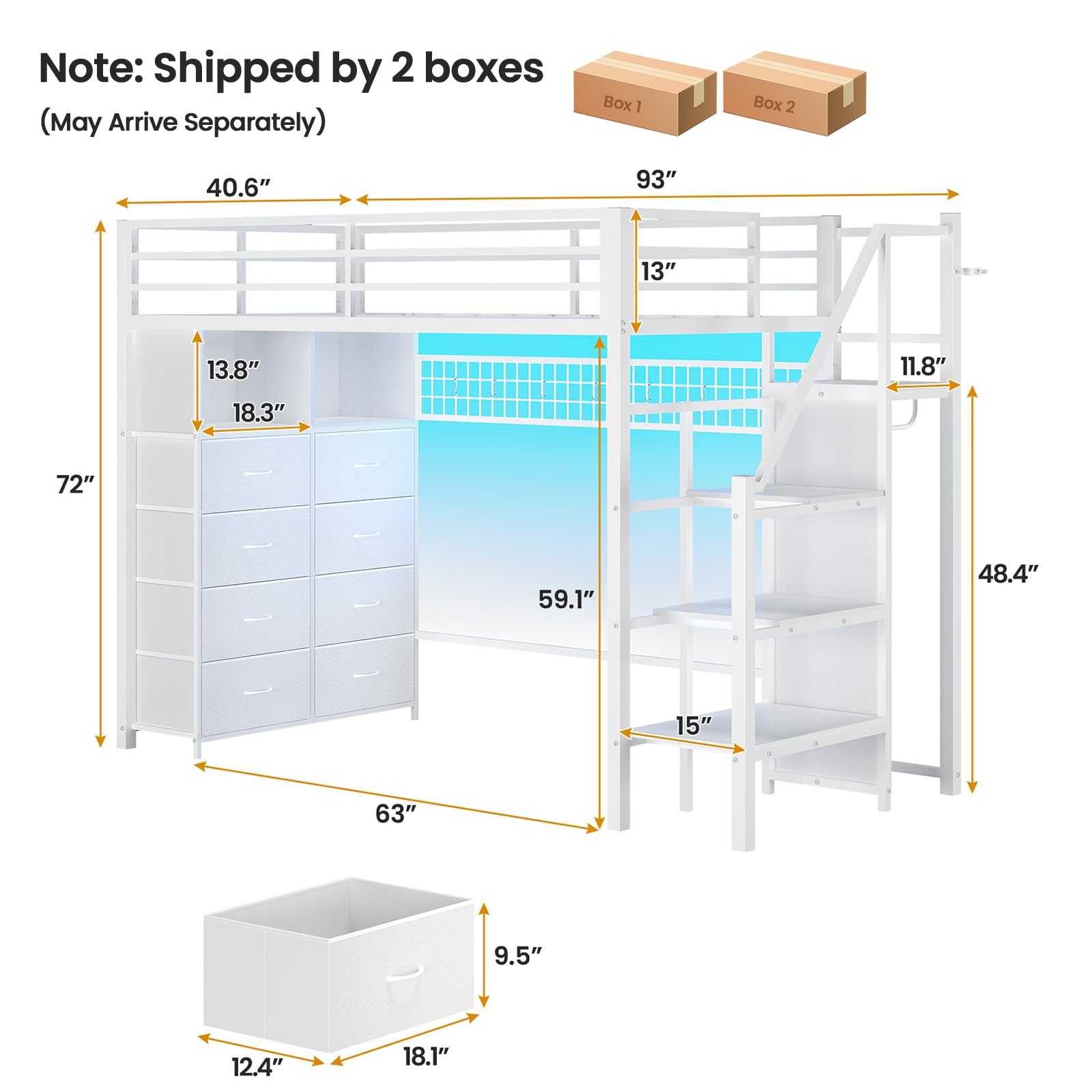 Twin Metal Loft Bed with Storage Stairs and LED Lights