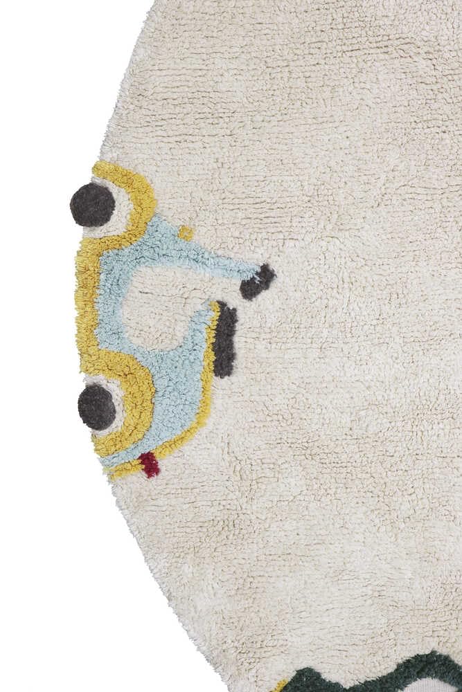 Washable Area Rugs for Kids Eco City - Wheels, Handmade in Natural, Ø 4' 7"