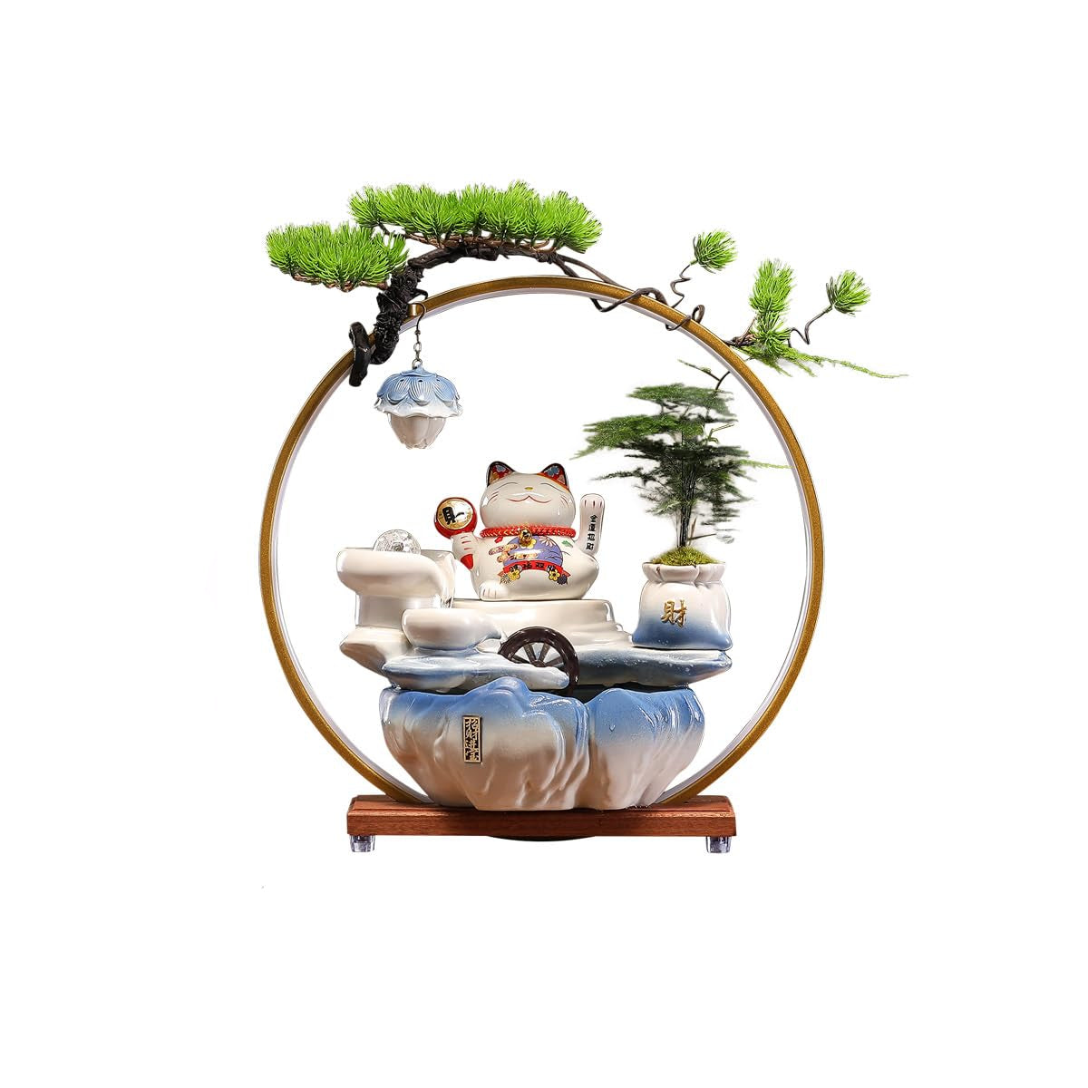 Tabletop Waterfall Fountain with Chinese Ceramic Lucky Cat