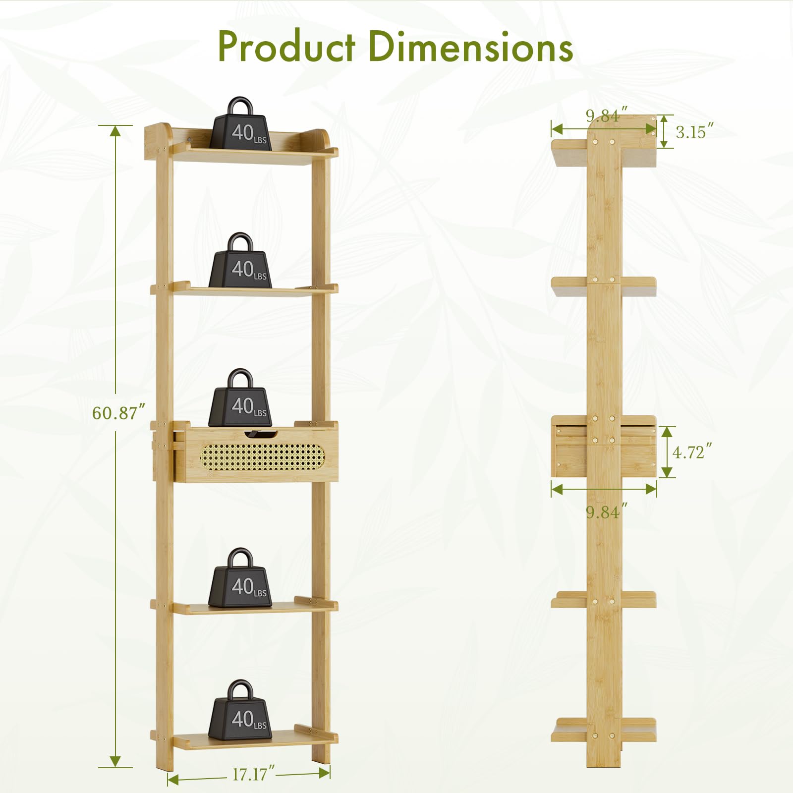 Amazer 5-Tier Ladder Shelf, Bamboo Wall Mounted Bookshelf with Drawer, Wood Ladder Bookcase Freestanding Rack Units for Bedroom, Living Room, Home