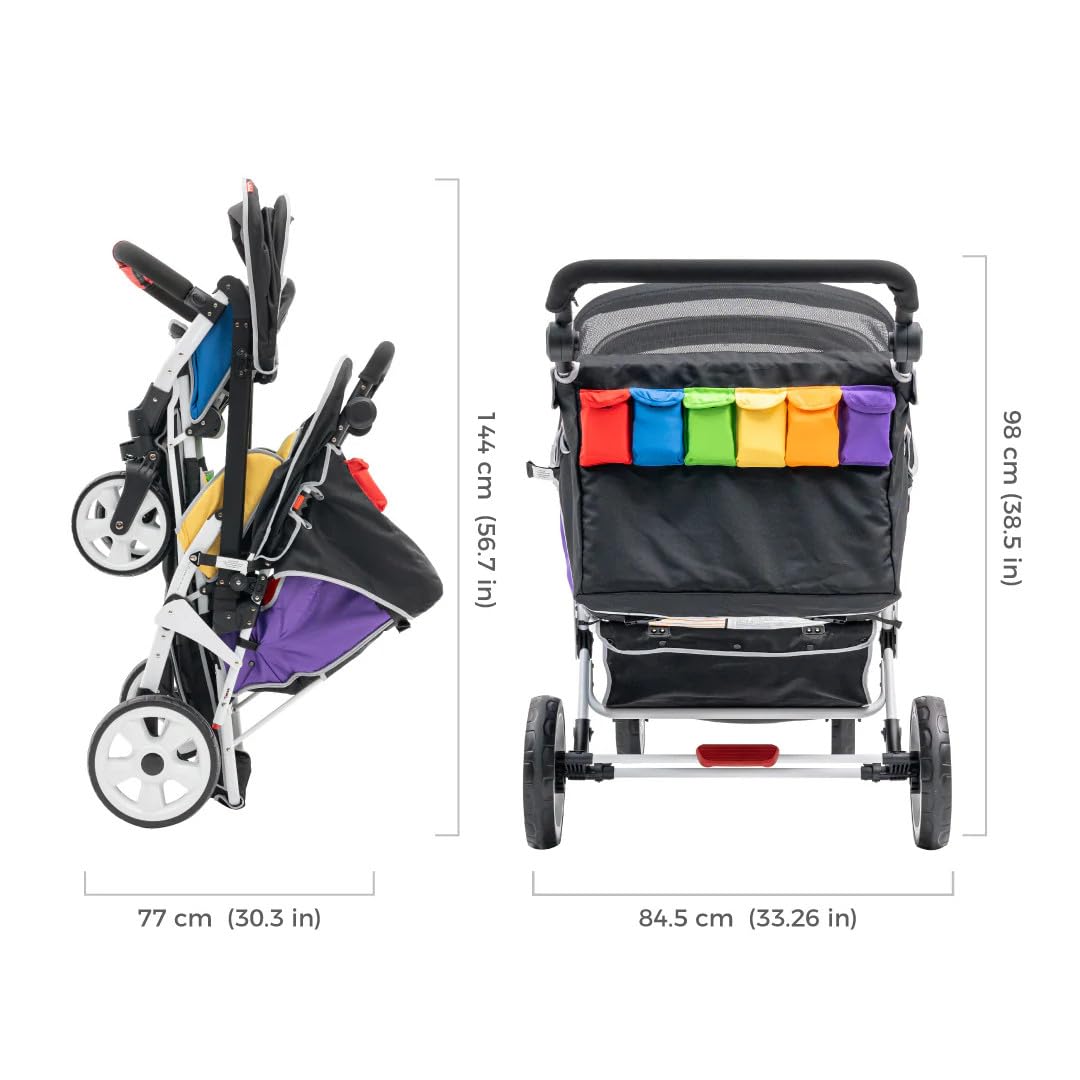 6-Seat Tandem Stroller with Double Canopy and Safety Harness