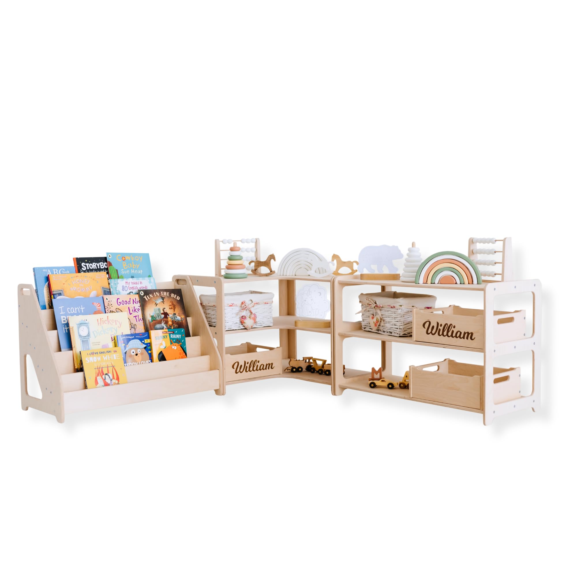Wooden Kids Shelves Set - Montessori Bookshelf and Toy Storage