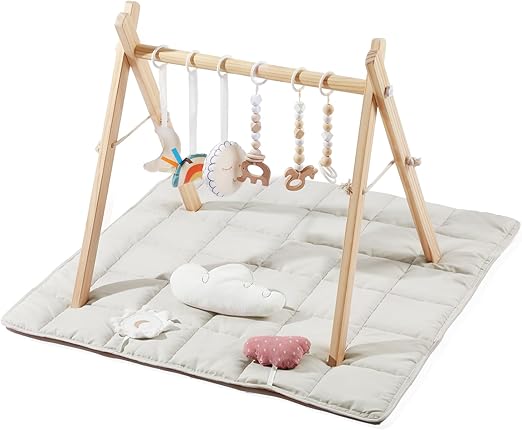 Foldable Wooden Play Gym with 6 Toys - Infant Activity Gym for Baby Girls and Boys