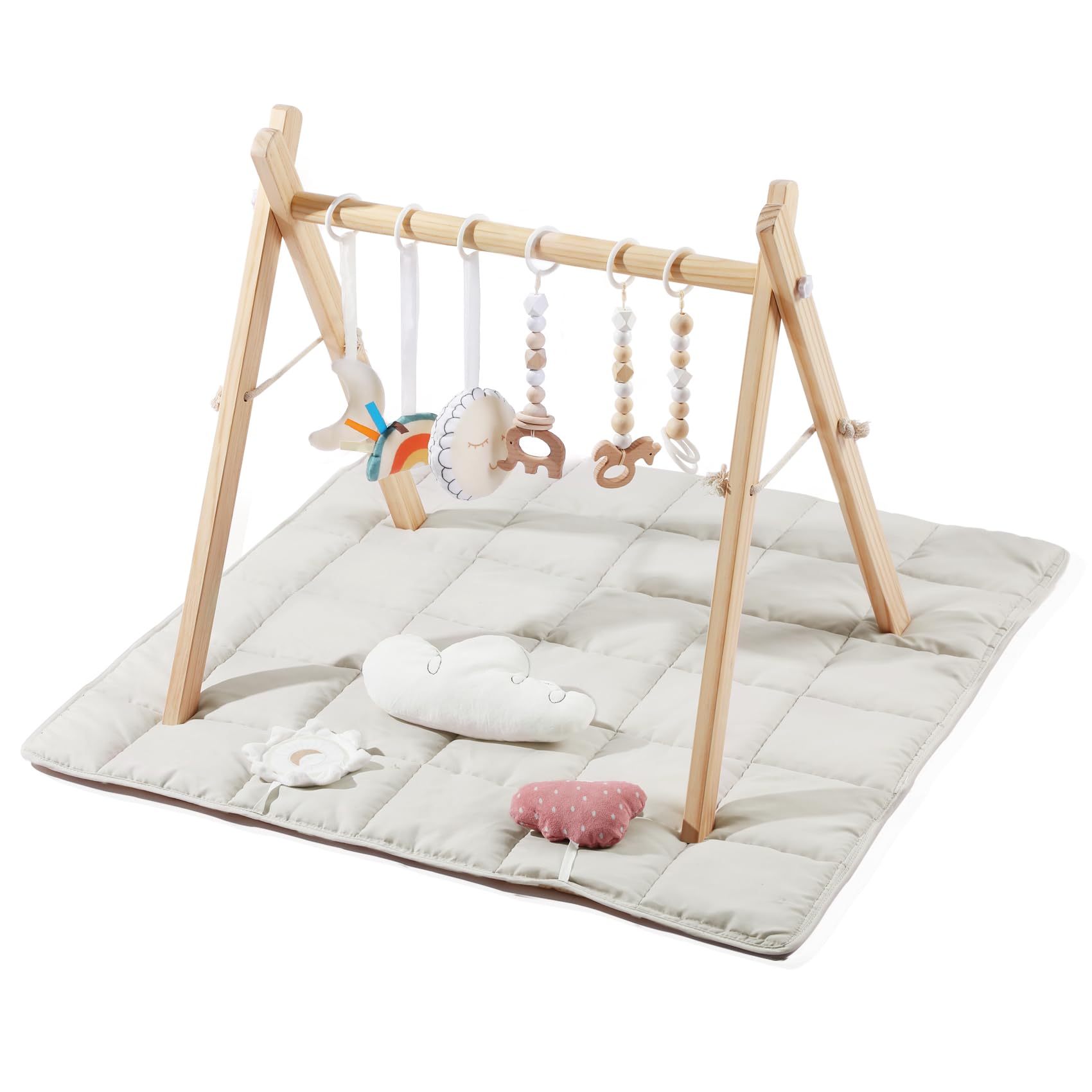 Wooden Play Gym with 9 Sensory Toys, Foldable Baby Play GymFrame