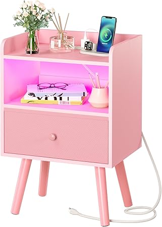 Nightstand with Charging Station, Modern Night Stand