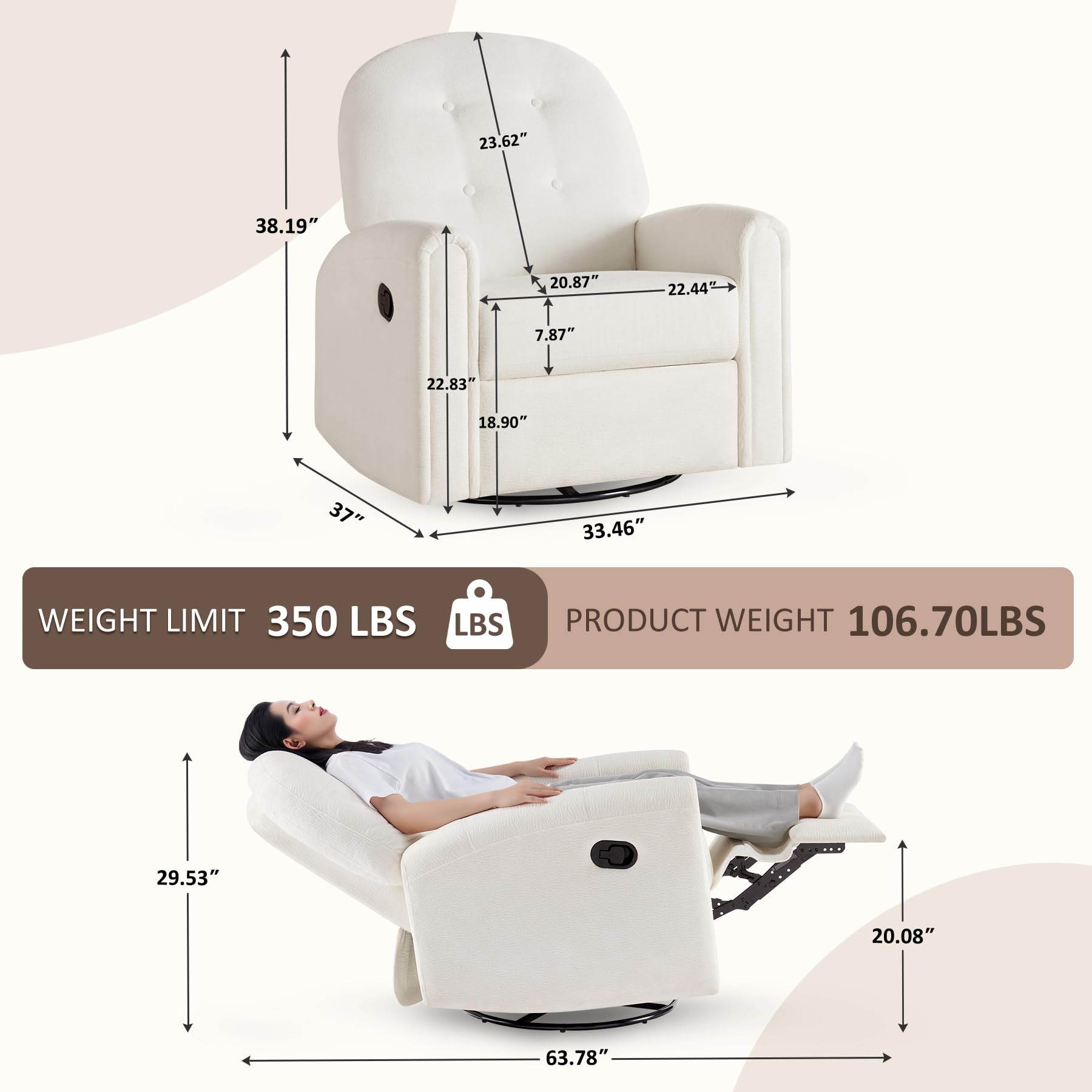 360 Swivel Rocker Recliner Chair with Tufted Backrest