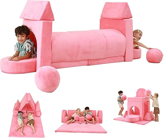Couch Kids with Large Crawling Mat, Modular Play Couch Convertible Tunnel for Boys