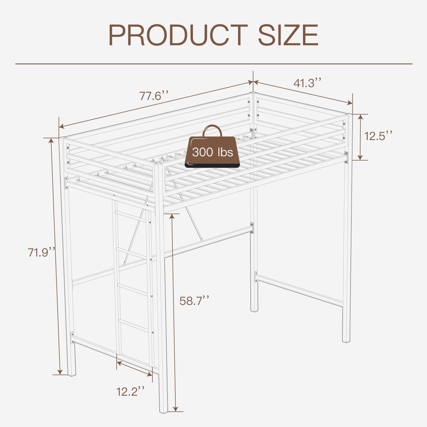 Metal Loft Bed Twin Size with Safety Guardrail and Ladder