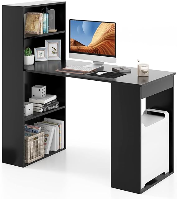 Computer Desk with Bookshelf, Reversible Study Writing Desk
