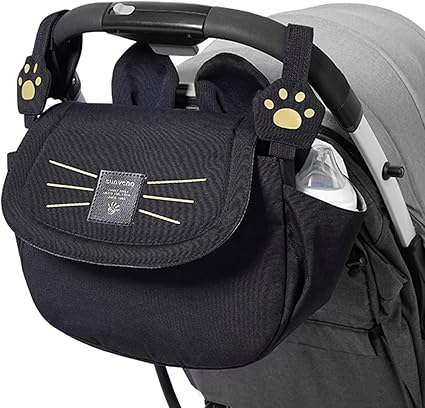 Universal Stroller Organizer with Cup Holder and Shoulder Strap, Cute Cartoon Cat Design