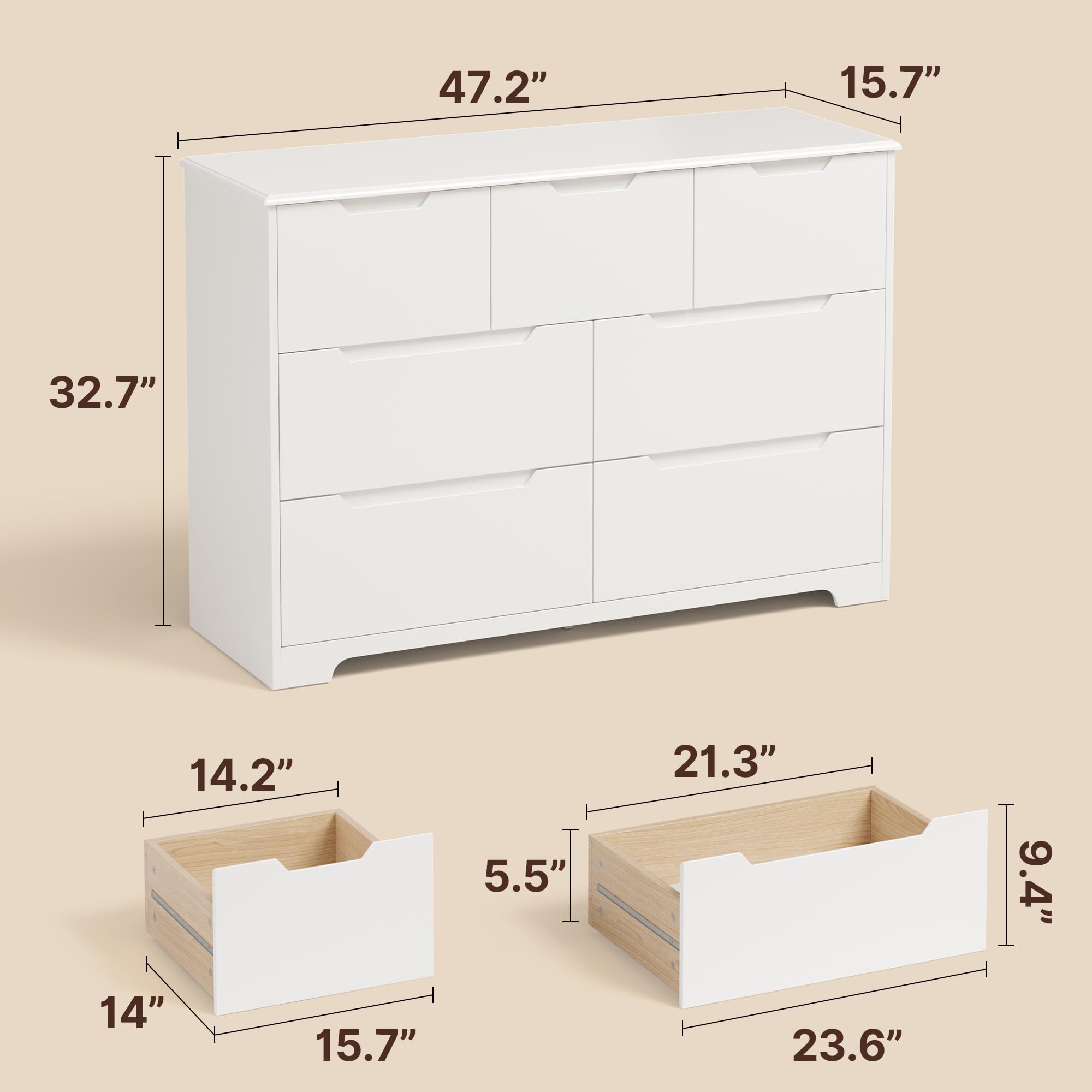 7-Drawer White Dresser 48" Wide for Bedroom Storage