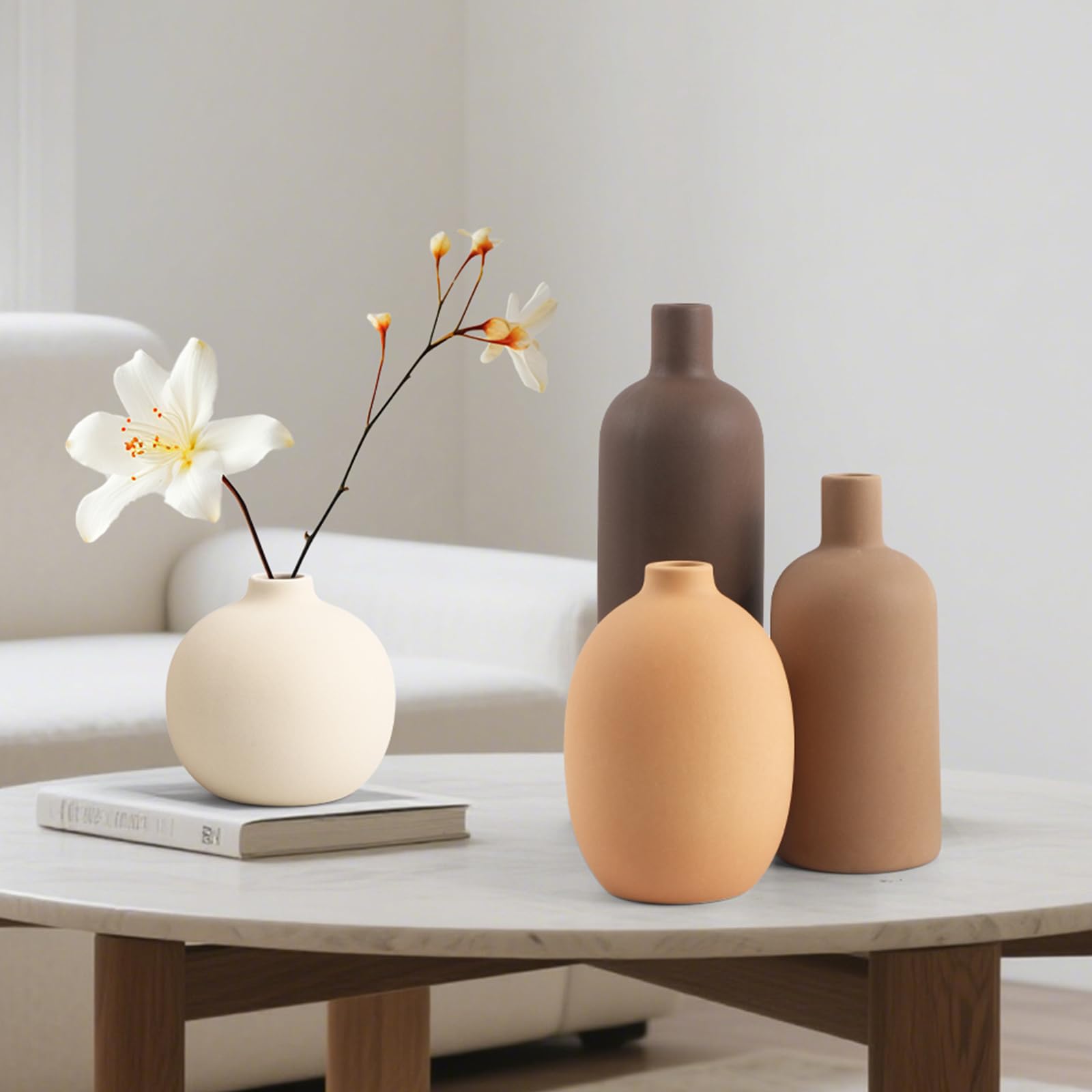 Ceramic Neutral Vase Set of 4 for Farmhouse Home Decor