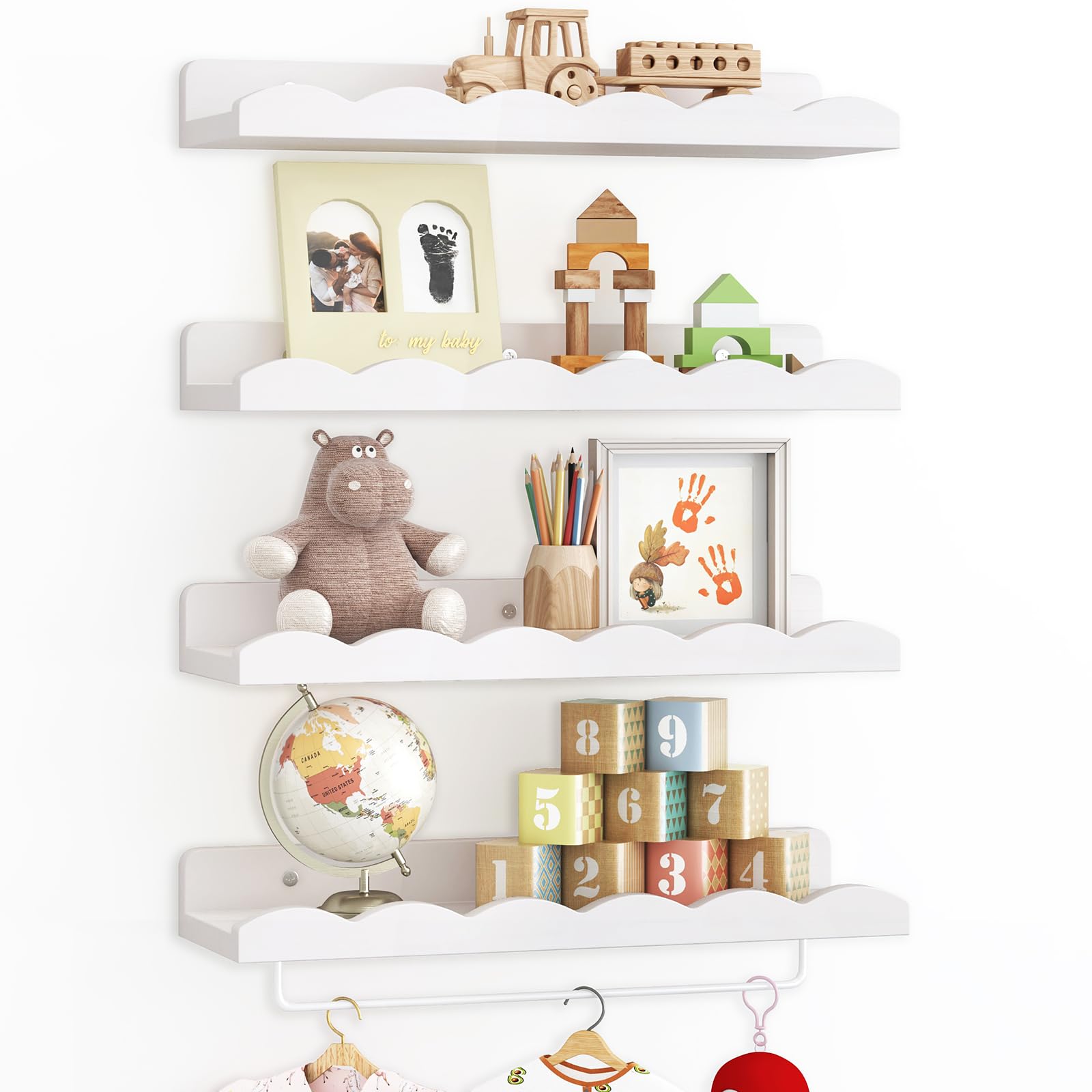 Scalloped Floating Nursery Shelves Set of 4 with Towel Rack