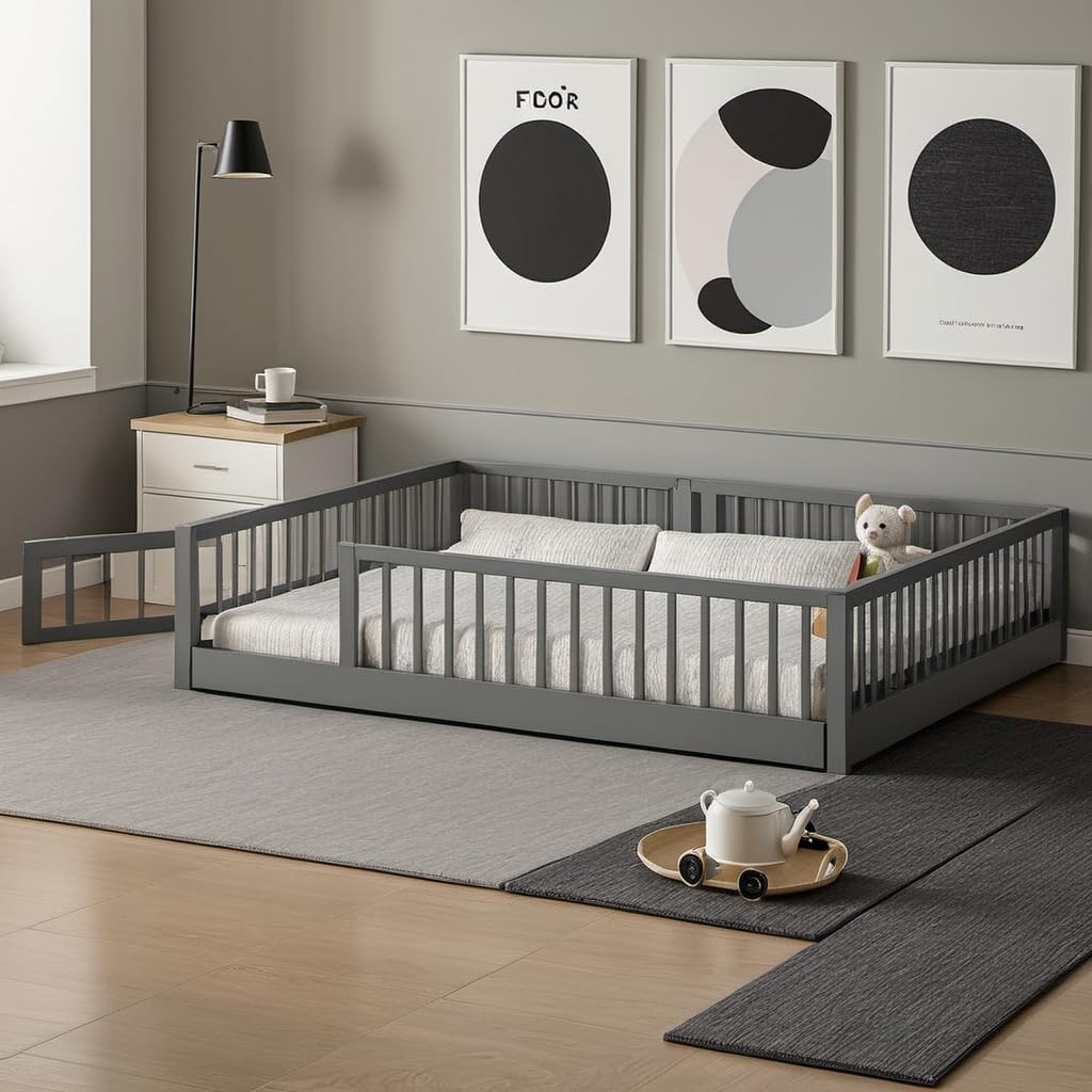 Full Size Montessori Floor Bed Frame with Convertible Door & Wood