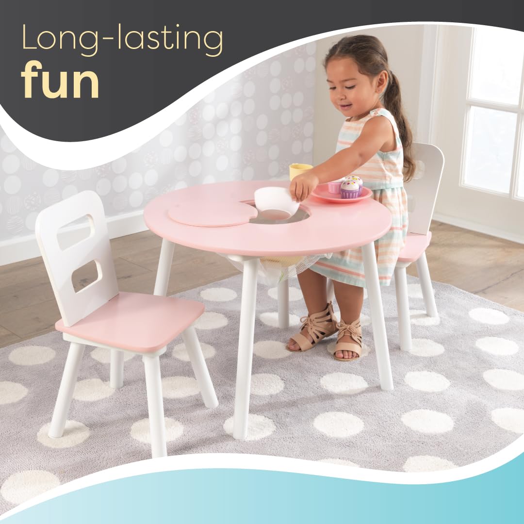 Wooden Round Table & 2 Chair Set with Storage