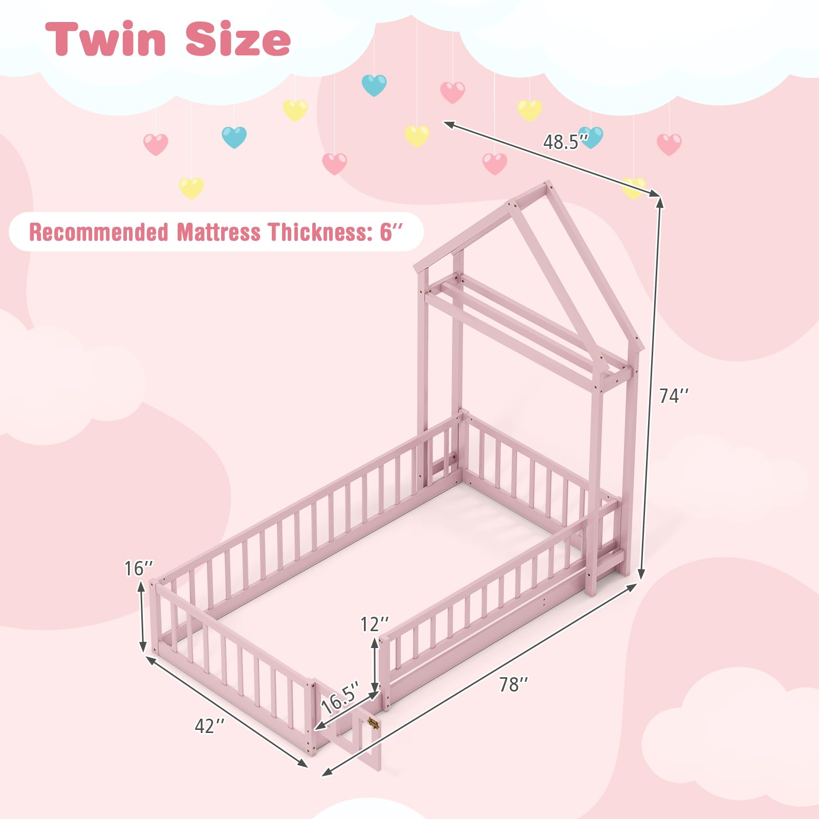 Twin House Floor Bed for Kids with Safety Rails