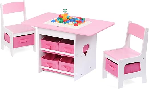 Kids Table and 2 Chairs Set 2-in-1 Plastic Building Blocks-Compatible Activity