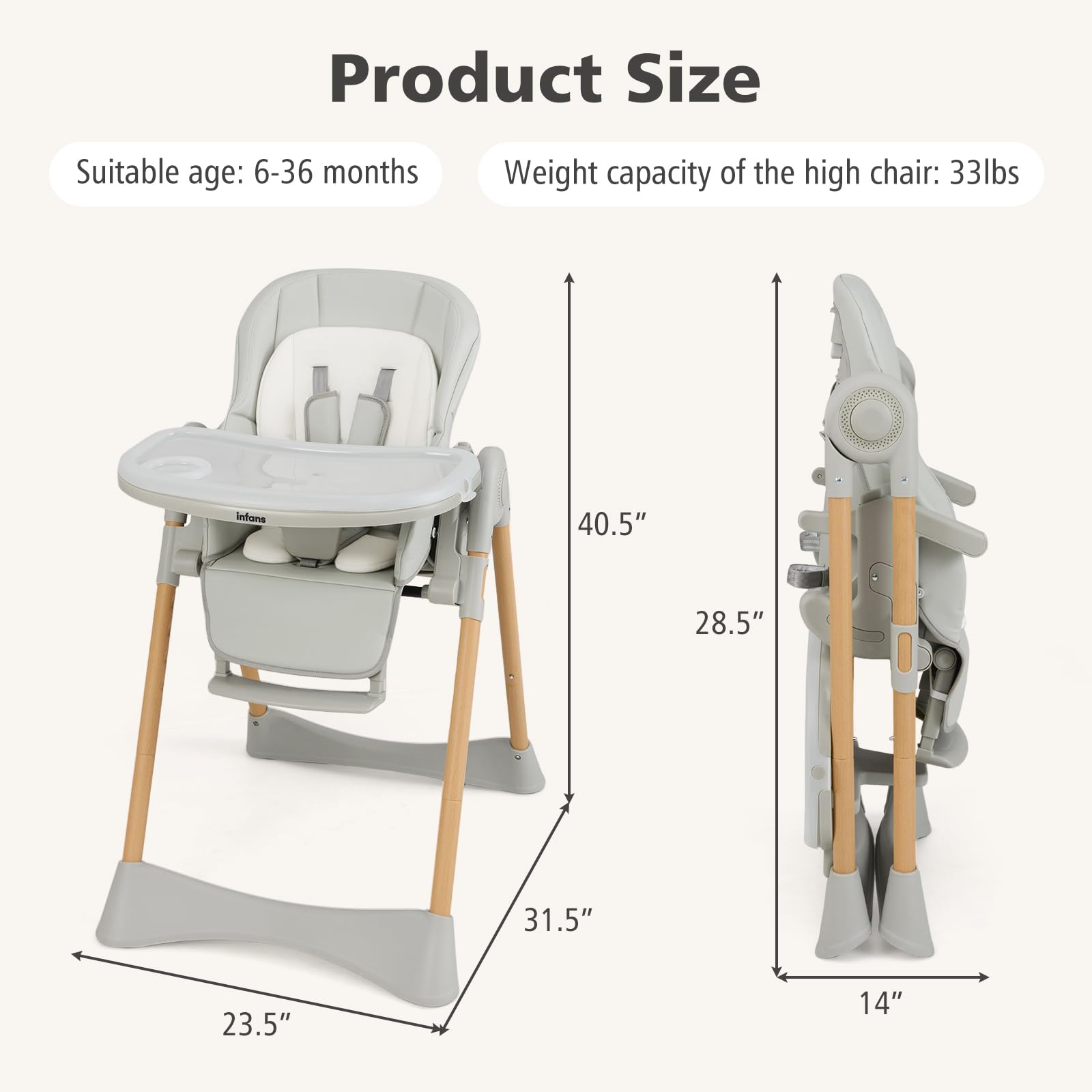Baby High Chair, High Chairs for Babies & Toddlers with Adjustable Height Backrest