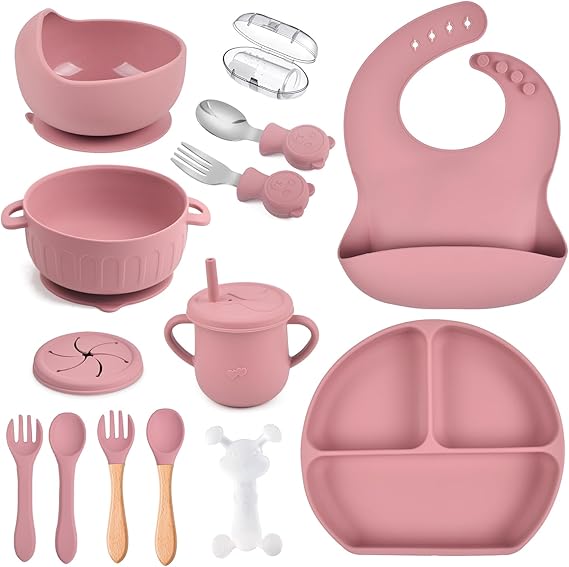 Feeding Set 15 Pcs - Suction Bowl, Divided Plate, Bib, Cup