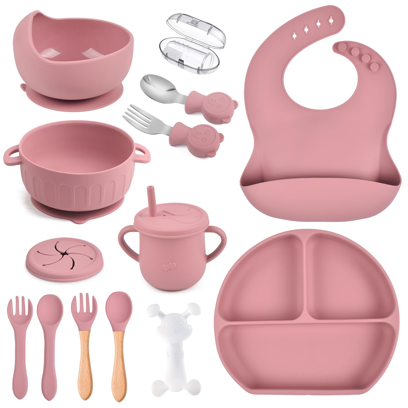 Silicone Baby Feeding Set 15 Pcs，Baby Spoons Suction Bowl Divided Plate