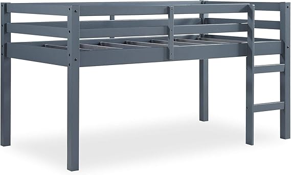 Milton Twin Loft Bed with Safety Guard Rail, Black, Space Saving Junior Size, Pine Wood
