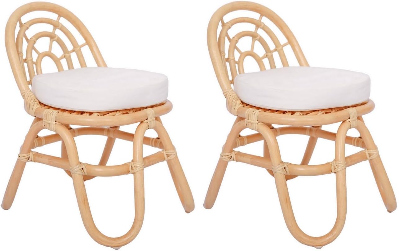 Set of 2 Natural Rattan and Beige Fabric Kids Chairs