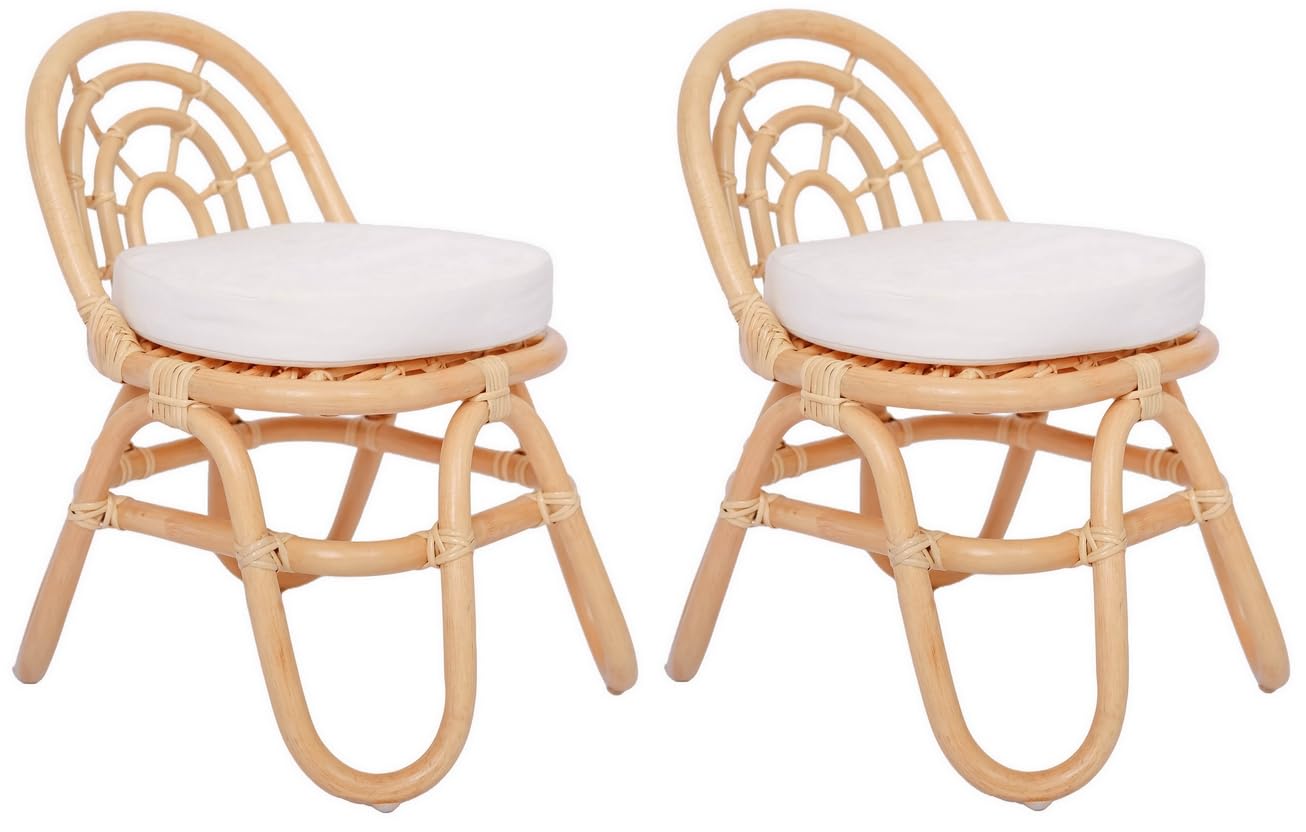 Set of 2 Natural Rattan and Beige Fabric Kids Chairs
