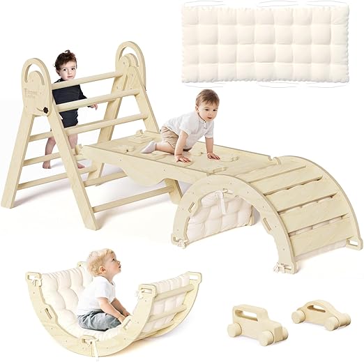 Pikler Triangle Set with Cushion, Montessori Climbing Set, Indoor Climb Toys