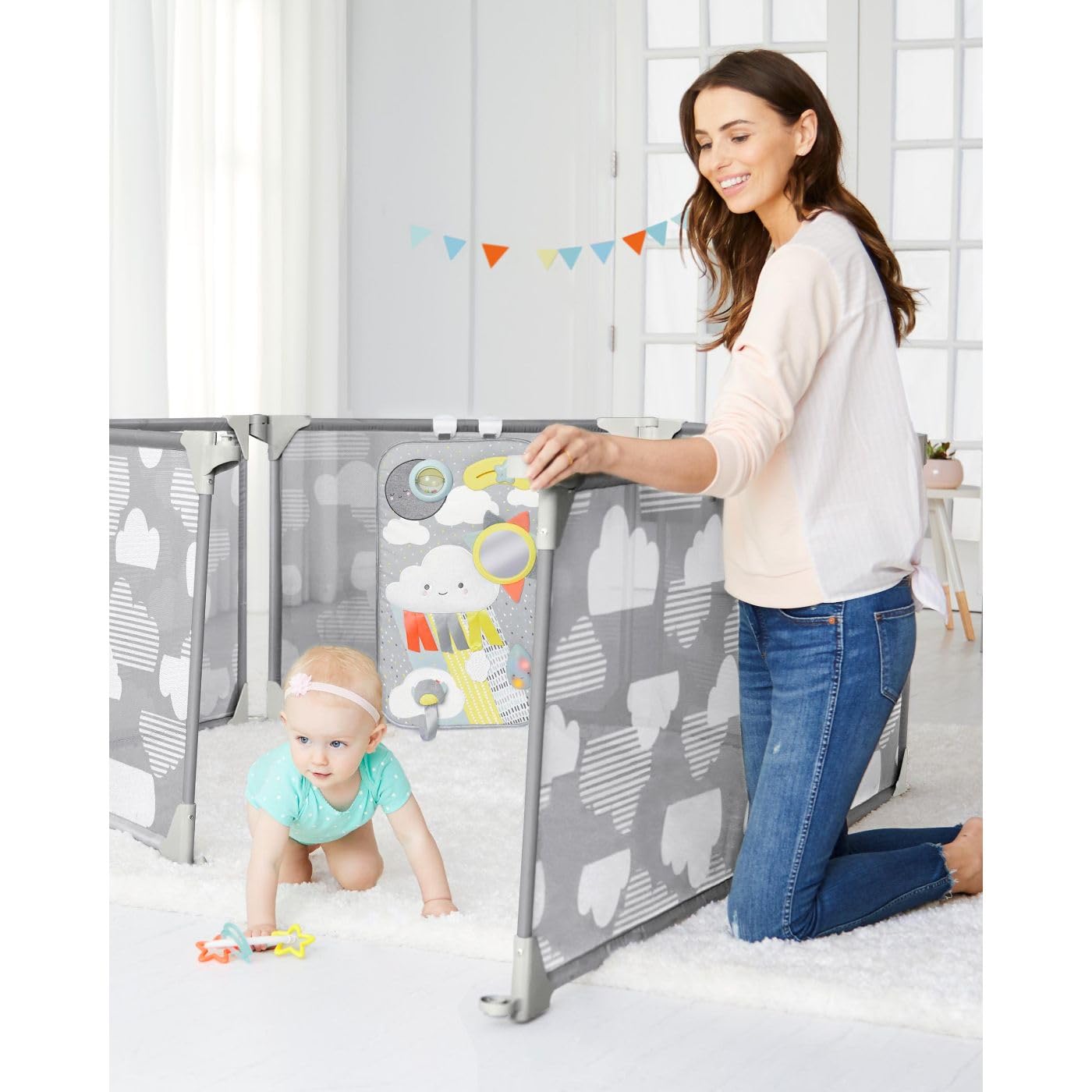 Expandable Baby Gate, Playview Enclosure, Silver Lining Cloud