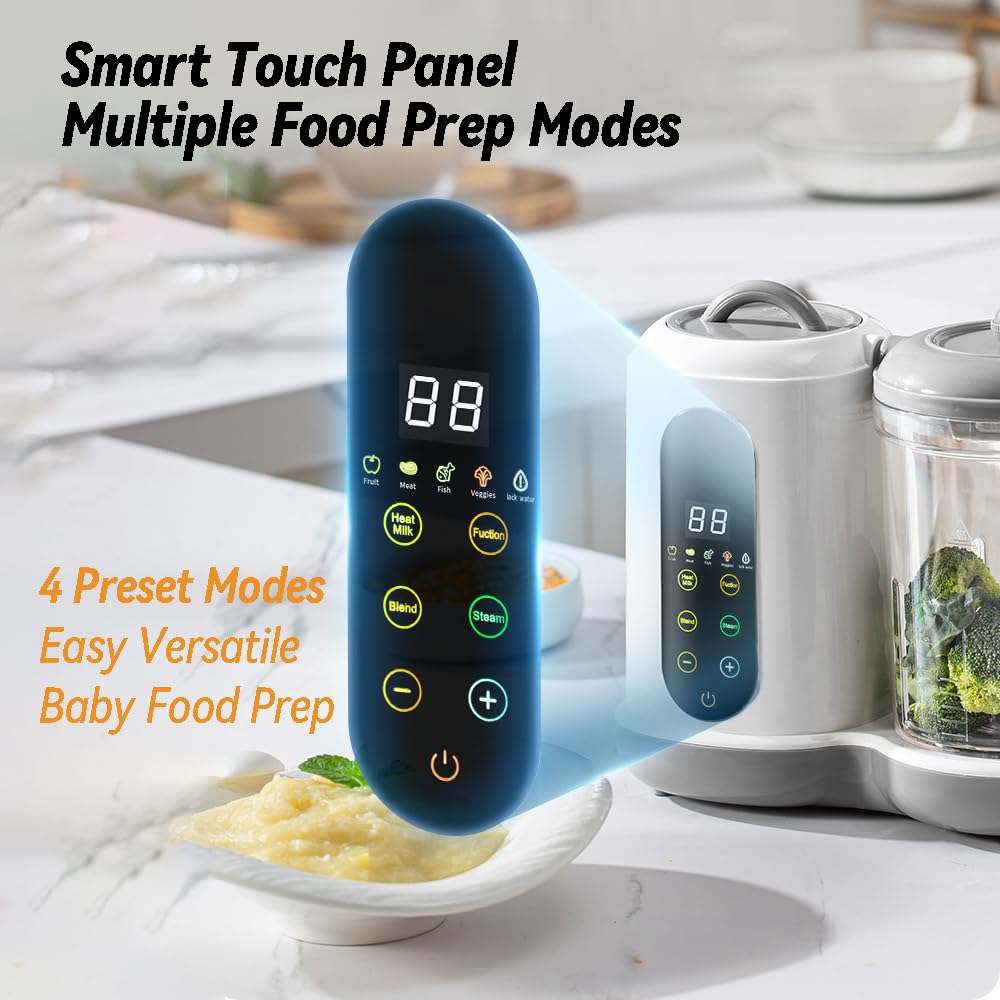 Baby Food Maker | One Step Baby Food Processor Steamer Puree Blender- - BPA-Free, Quiet Operation, Adjustable Texture, Easy to Clean, Stainless Steel Parts, Touch Screen Control, White