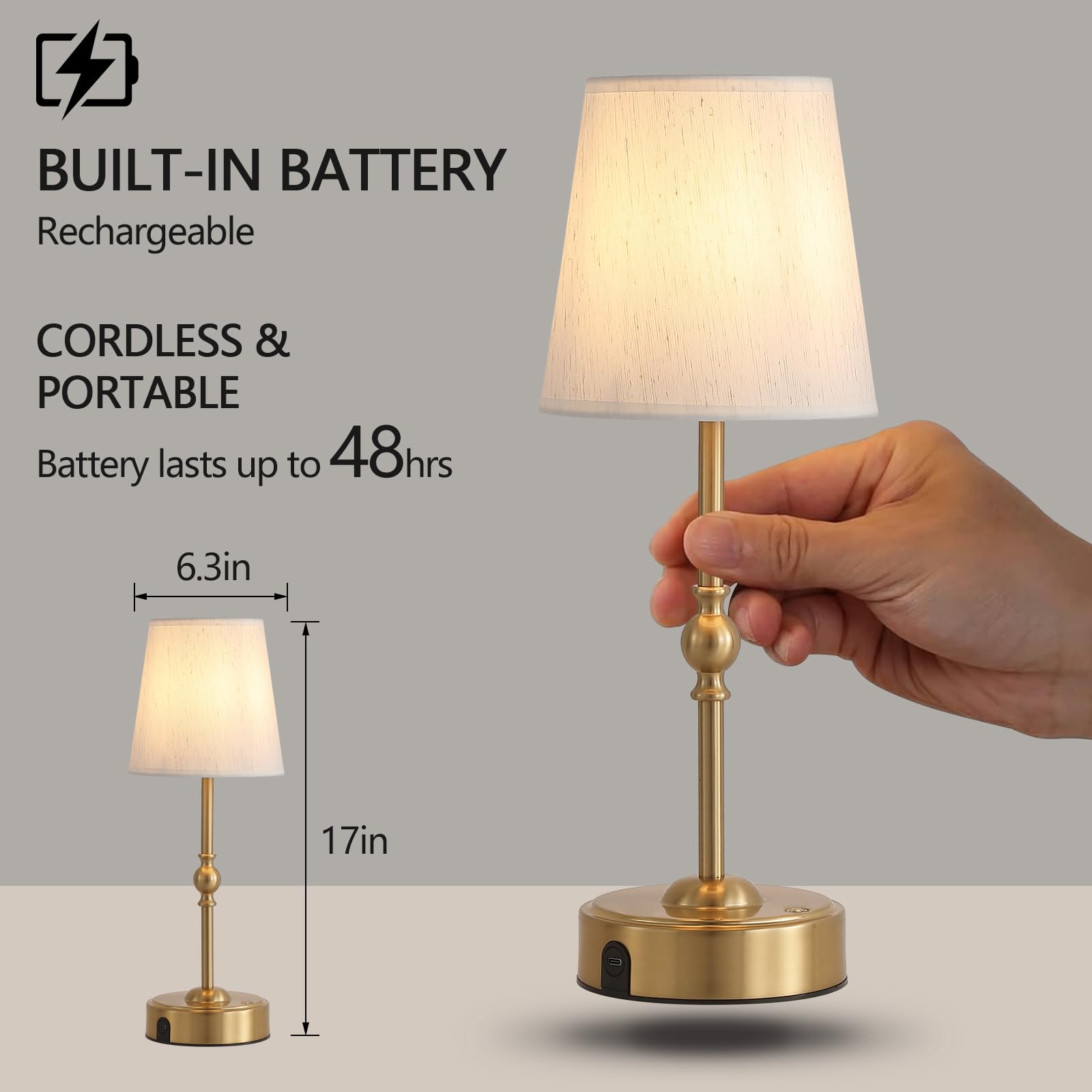 Cordless Rechargeable LED Table Lamp with Dimmer and USB Port