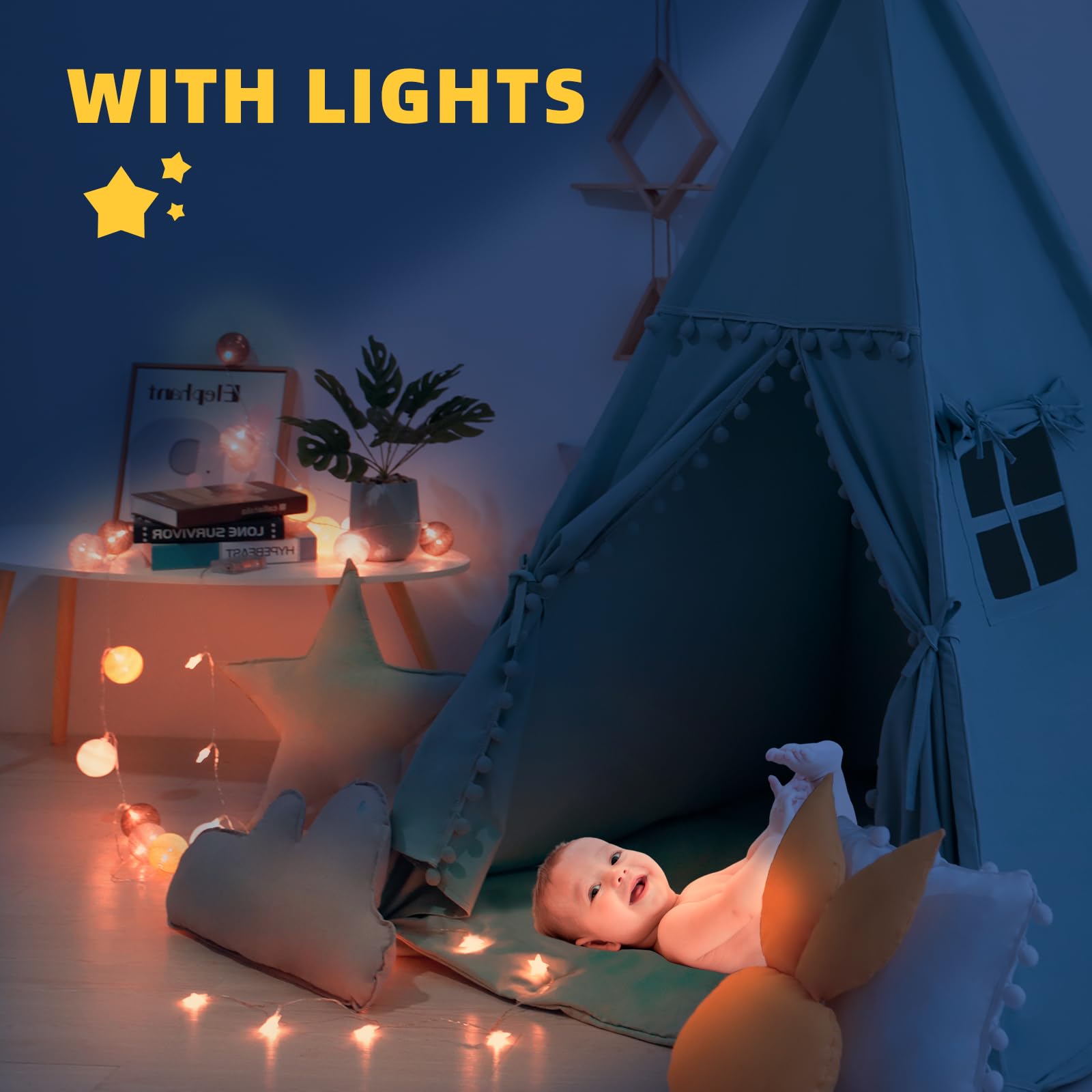 Kids Cotton Canvas Teepee Play Tent with Mat and Lights
