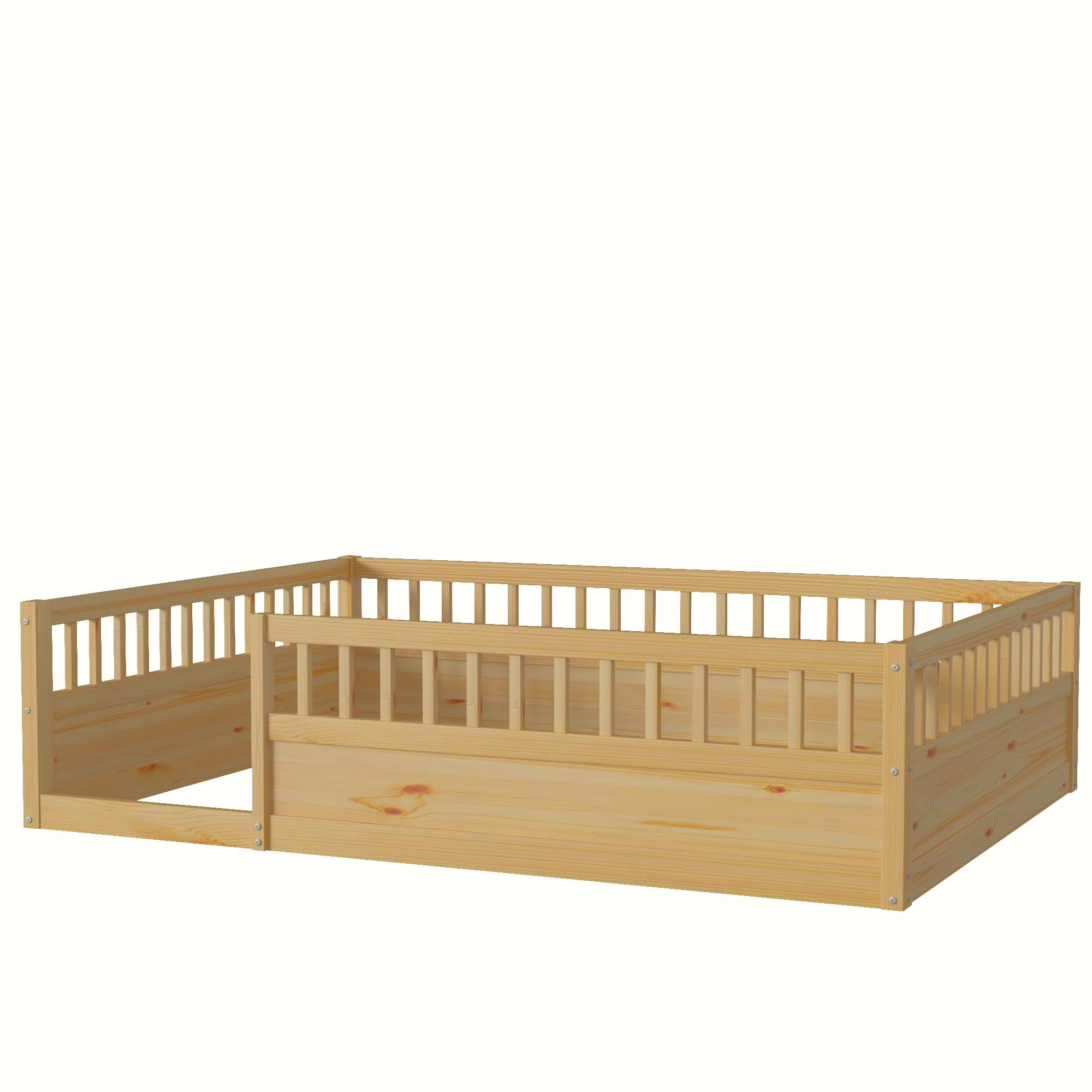 Full Size Montessori Floor Bed, Solid Wood Playhouse Bedframe with Safety High