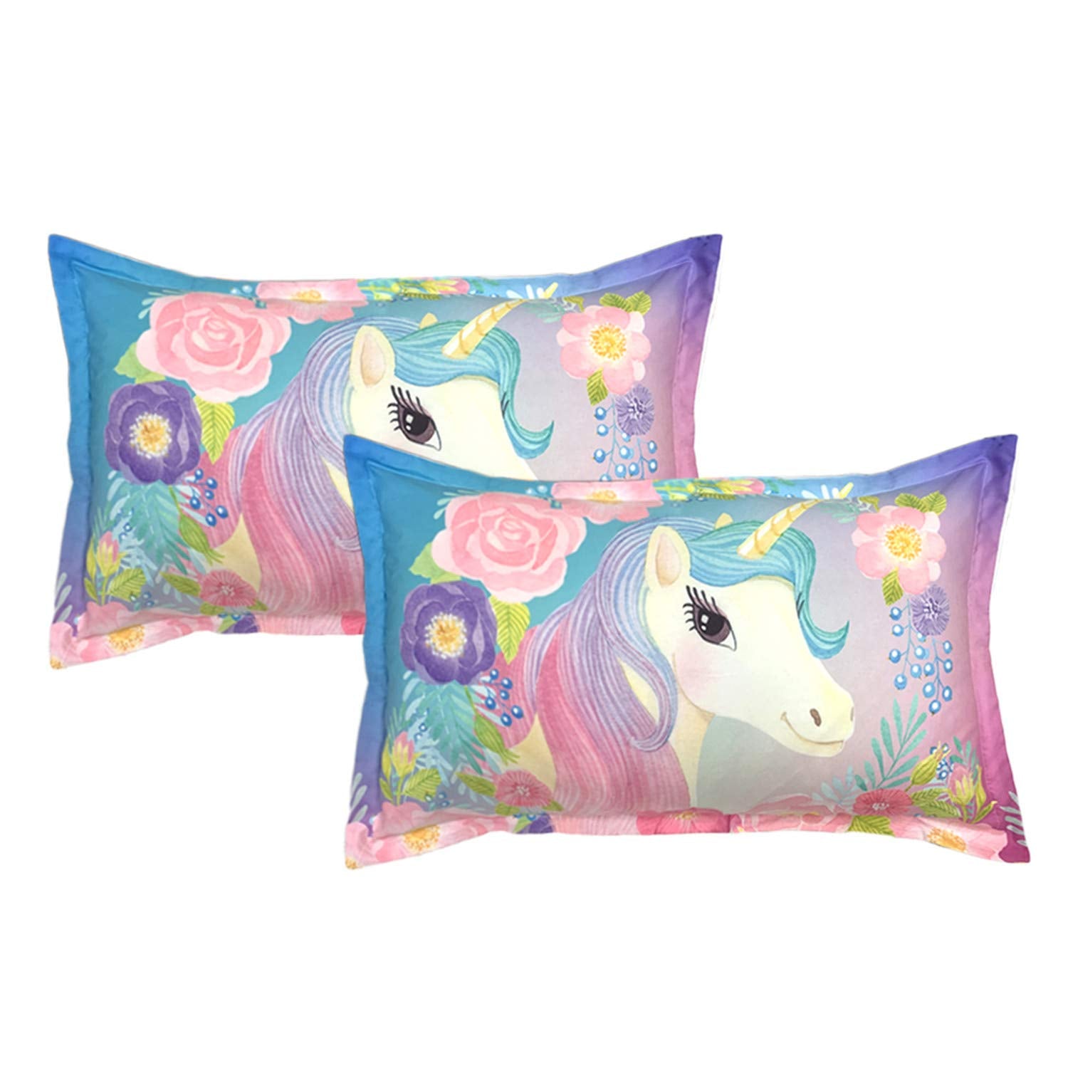 A & S Kids Unicorn Pillowcases 2 Pieces Cute Magical with Flowers