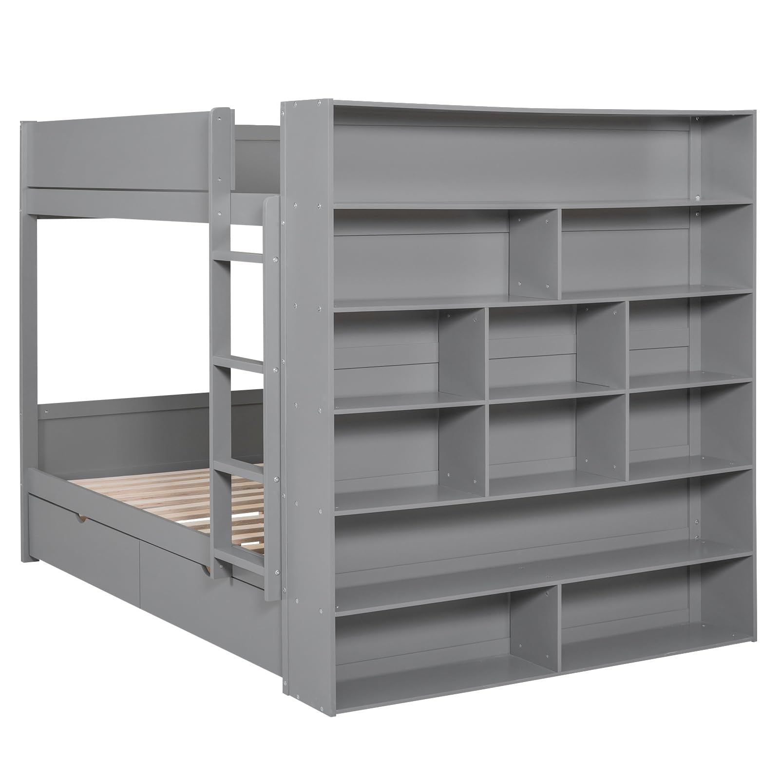 Full Over Full Bunk Bed with 2 Drawers and Multi-Layer Cabinet, Gray