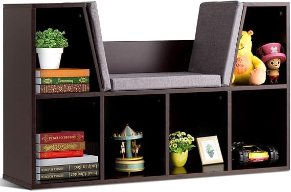 Kids Bookshelf with Reading Nook, 6 Cubby Bookcase