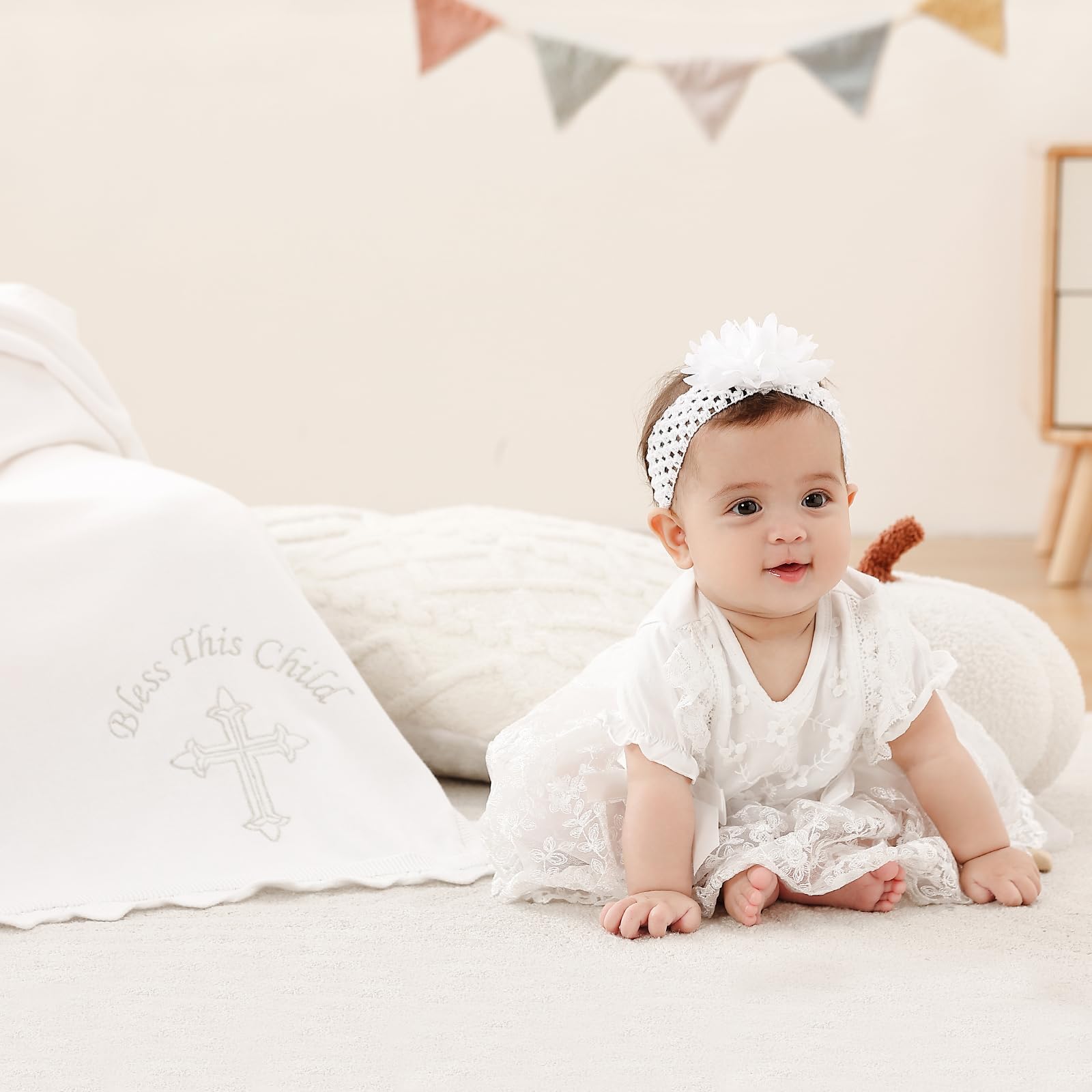 Baby Baptism Blanket – White Cotton Knit Christening Shawl
