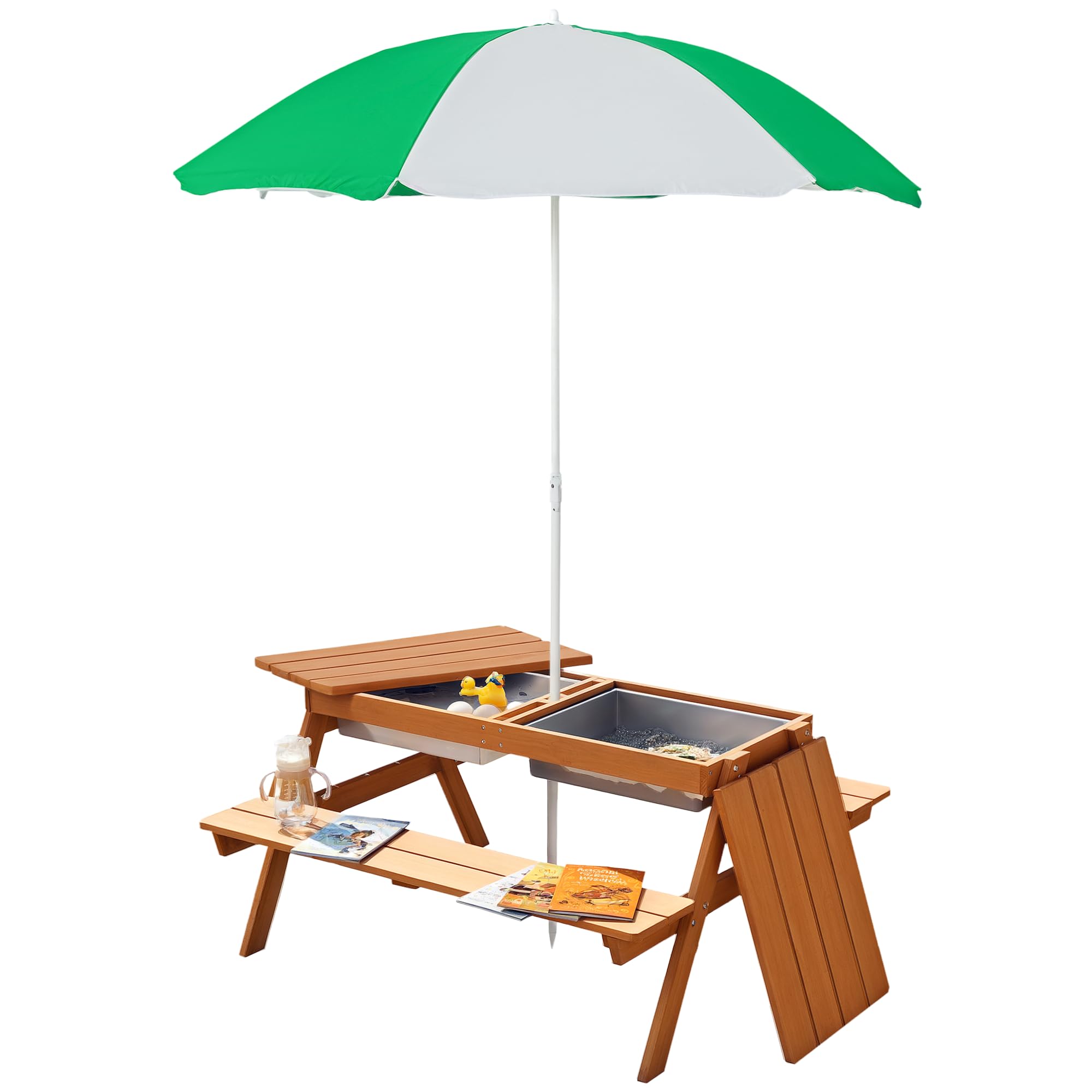 Kids Picnic Table with Umbrella and Storage Inside,