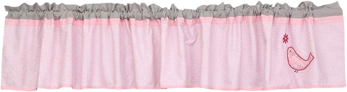 Pink Floral Happy Birds Nursery Bedding Set 4 PCs Embroidered Flowers Birds Bedding Crib Set Quilt + Fitted Sheet + Skirt + Window Valance (4 PCs Bedding Set)