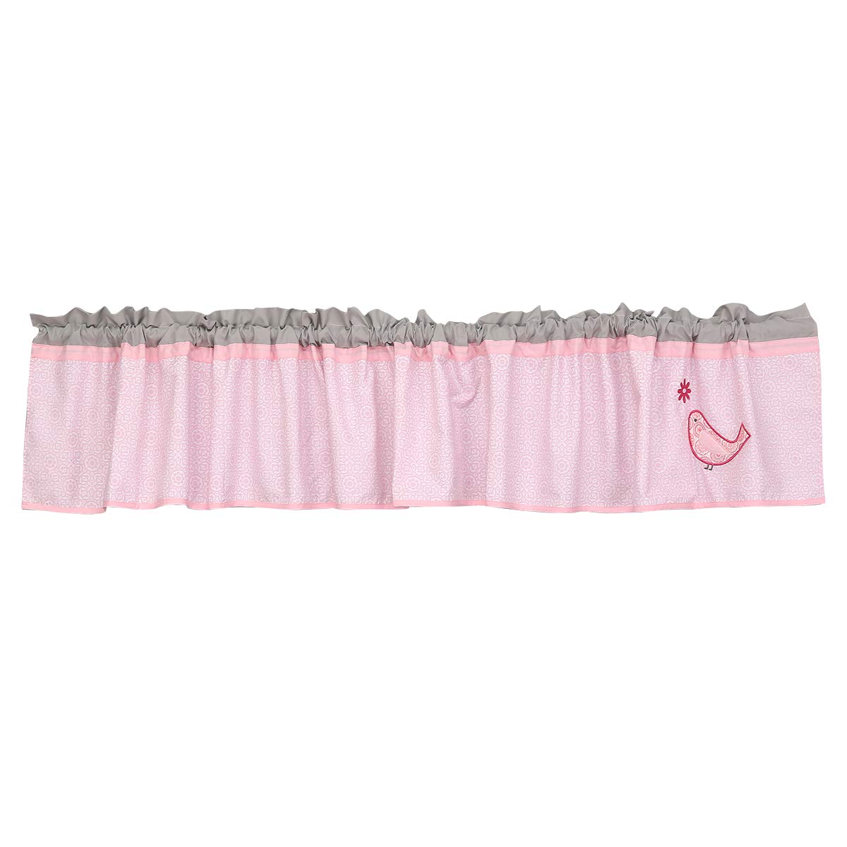 Pink Floral Happy Birds Nursery Bedding Set 4 PCs Embroidered Flowers Birds Bedding Crib Set Quilt + Fitted Sheet + Skirt + Window Valance (4 PCs Bedding Set)