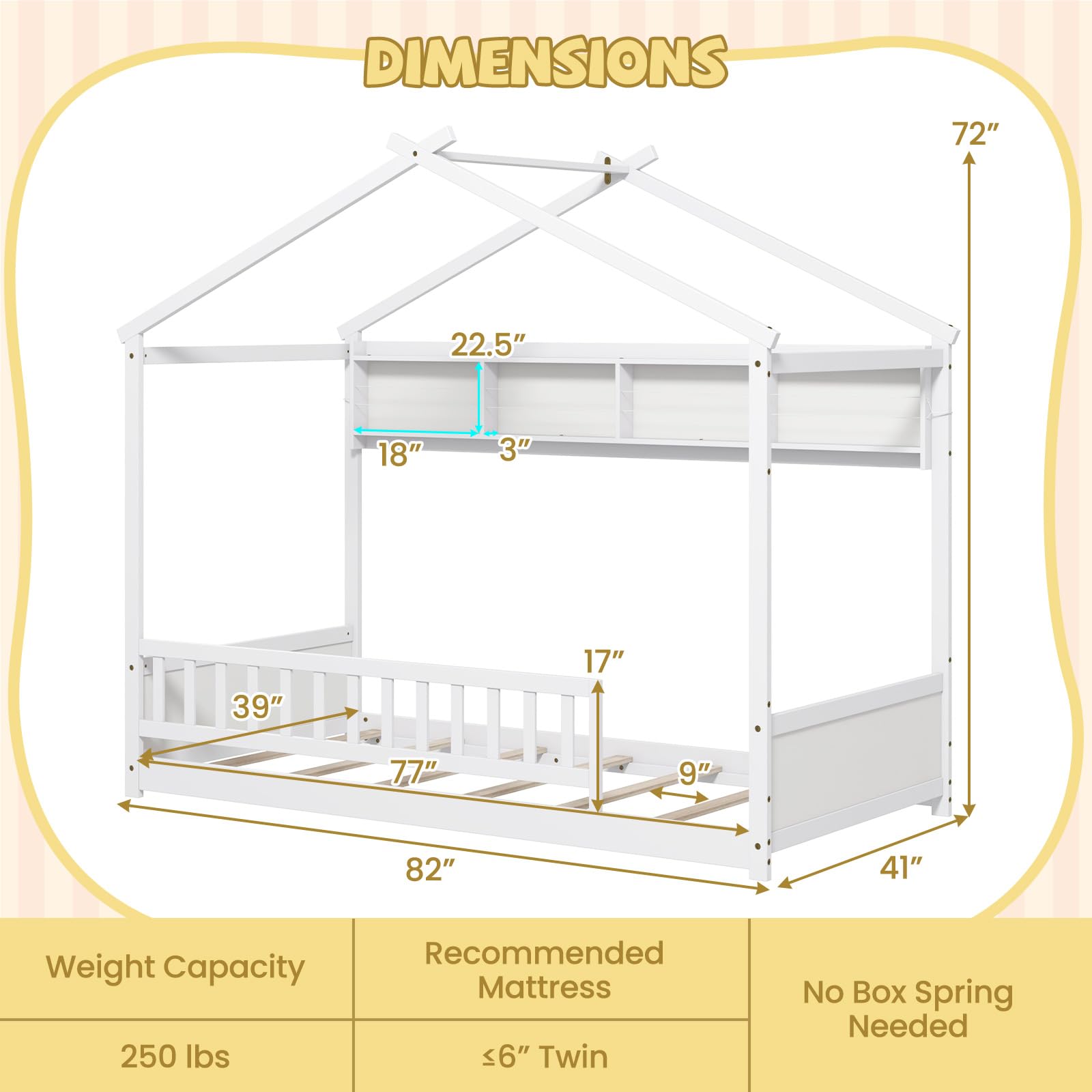 Twin Floor House Bed with Storage Shelf and Safety Guardrails