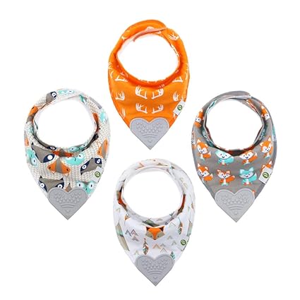 Baby Bandana Teething Bibs with Attached Silicone Teether - Set Of 4 -Solid Blues