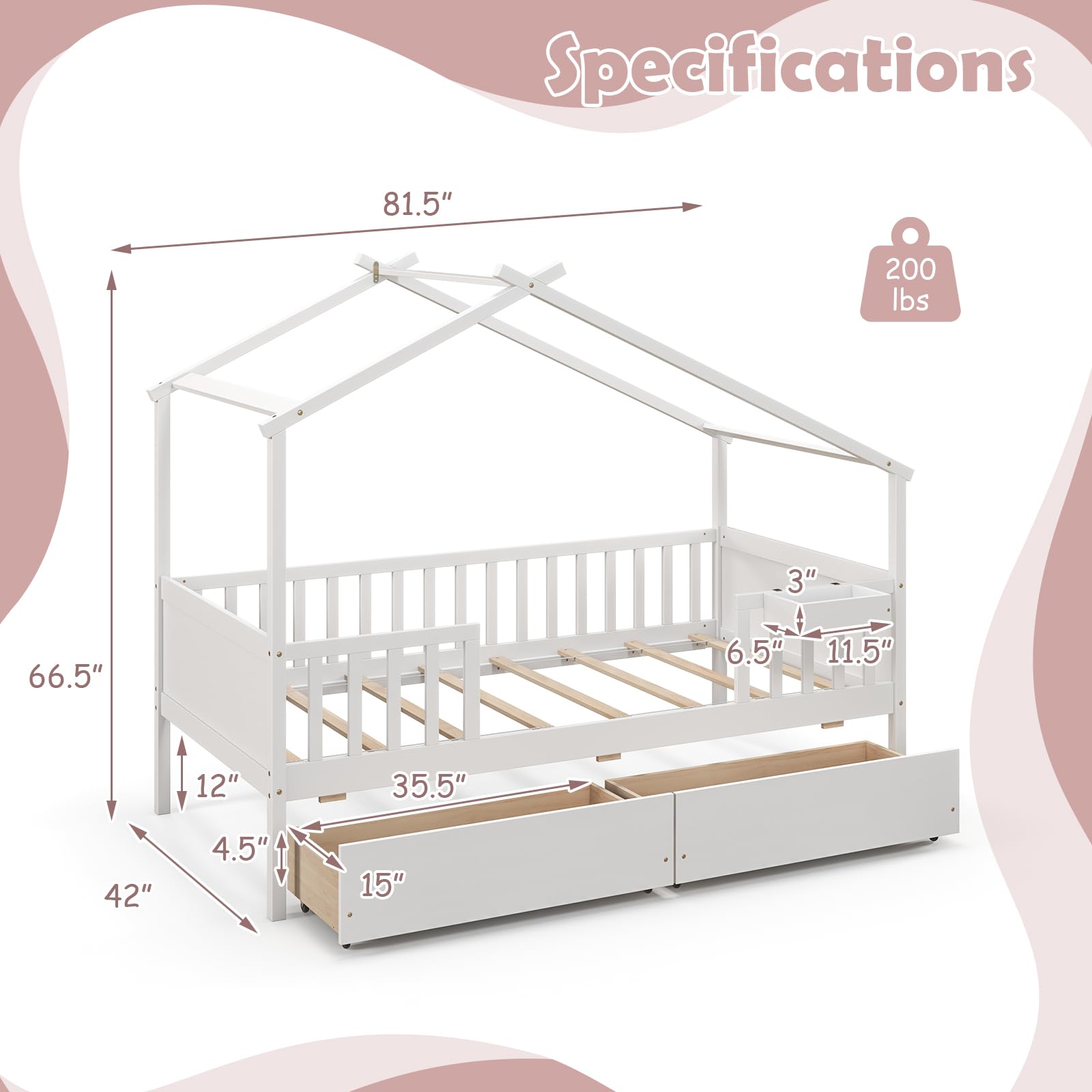 Twin House Bed with Storage Drawers and Fence Rails