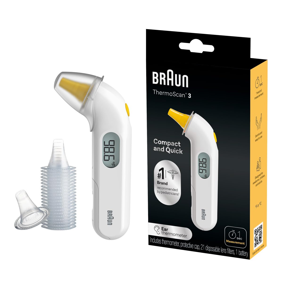 ThermoScan 3 Ear Thermometer, Fast 1 Second Measurement, Audio Fever Indicator