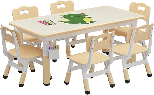 Kids Table and 6 Chairs Set with Storage Box, Height Adjustable Toddler