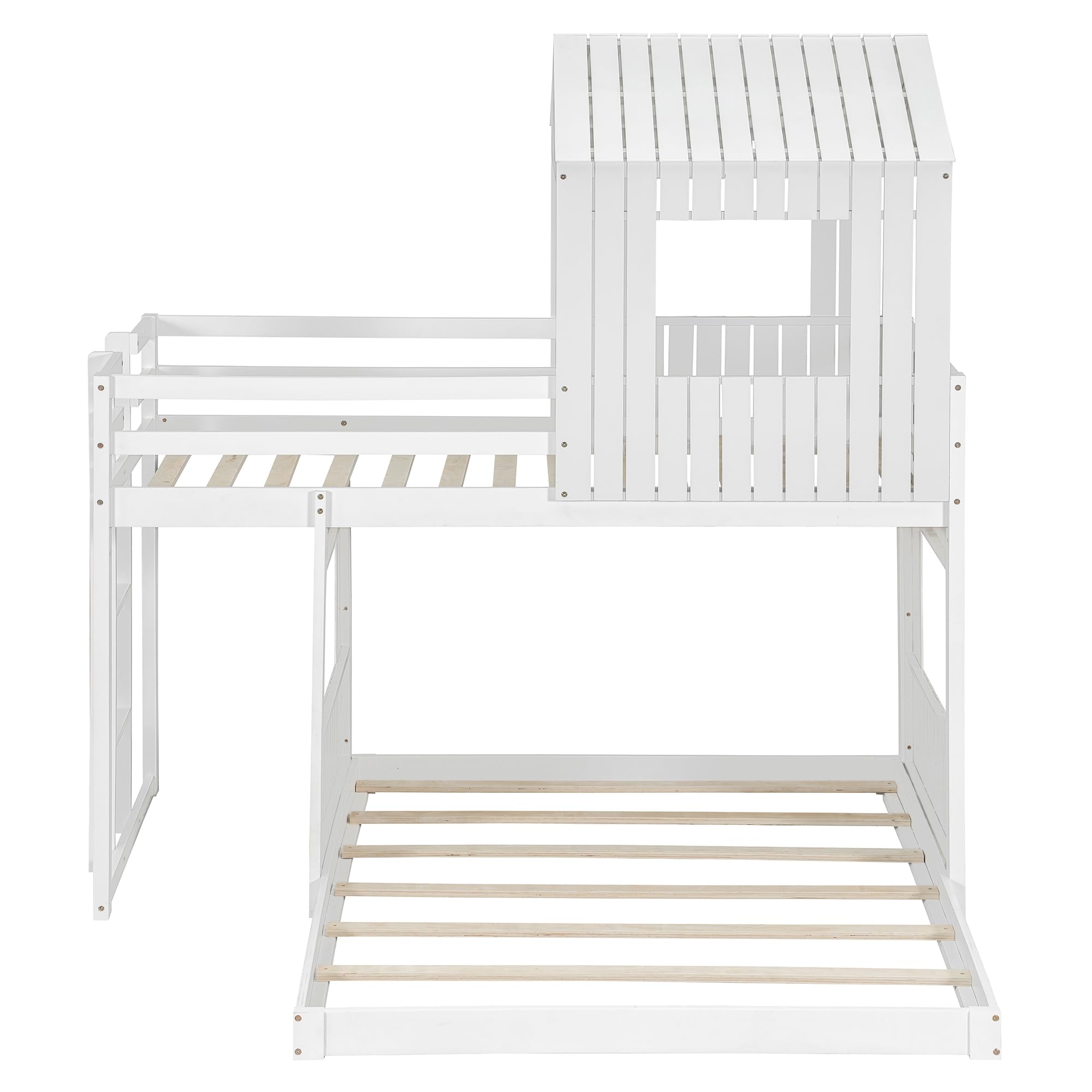Twin Over Full Bunk Bed Frame, Solid Wood House Bunk Bed with Roof